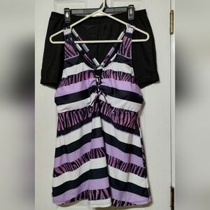3XL Tankini Swim Set – Purple Black White Zebra Stripe Top + Black Swim Shorts